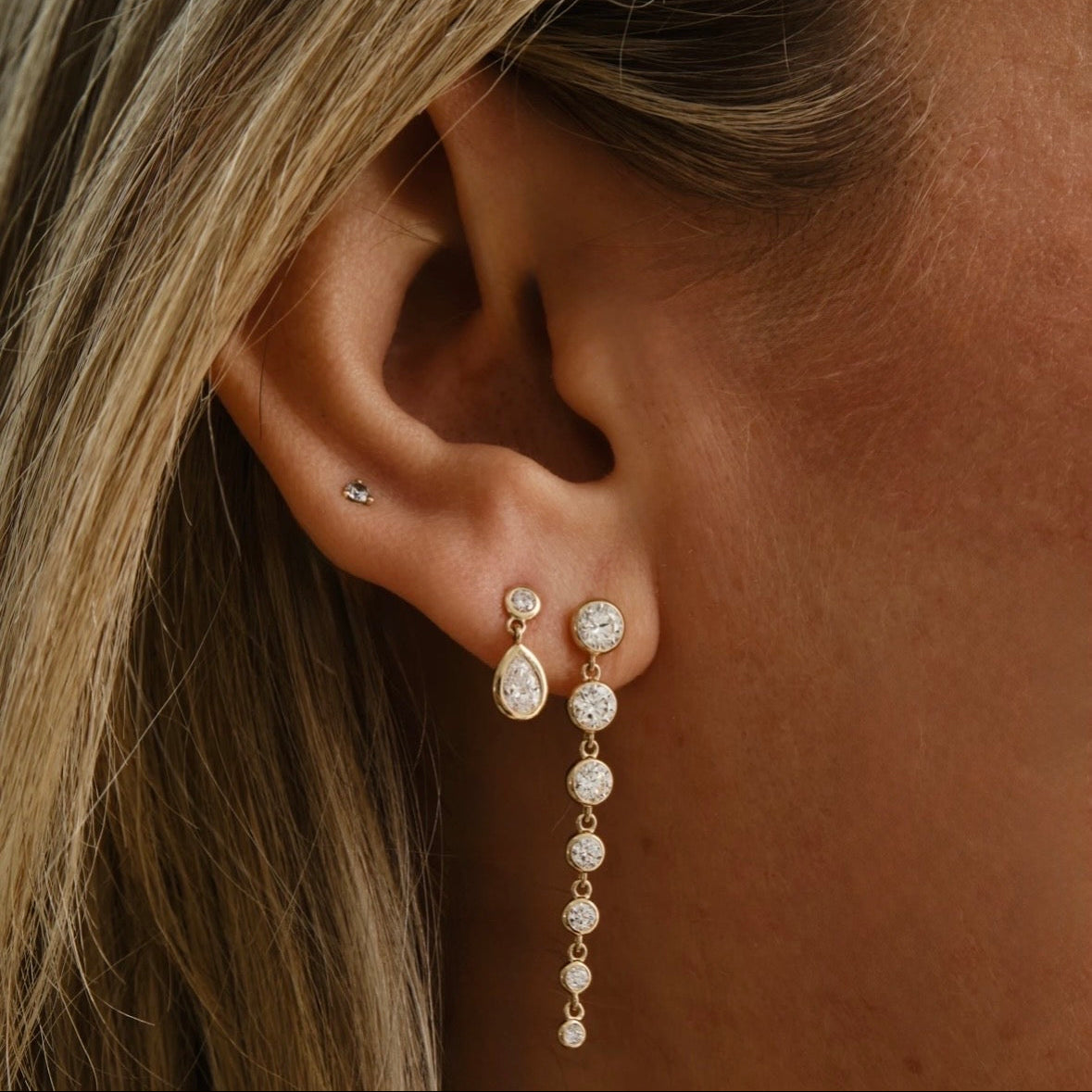 Round and Pear Diamond Bezel Stud Earrings