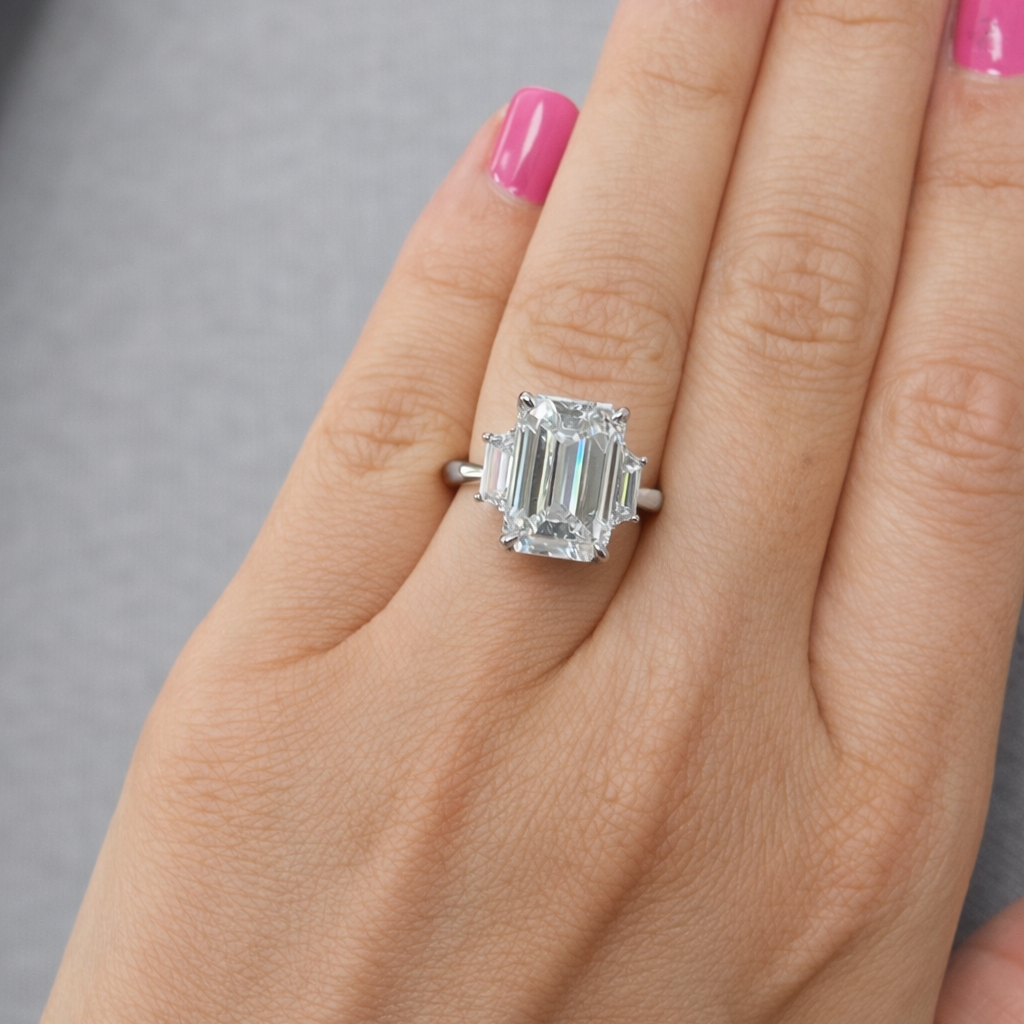Emerald Diamond Engagement Ring with Trapezoid Side Stones