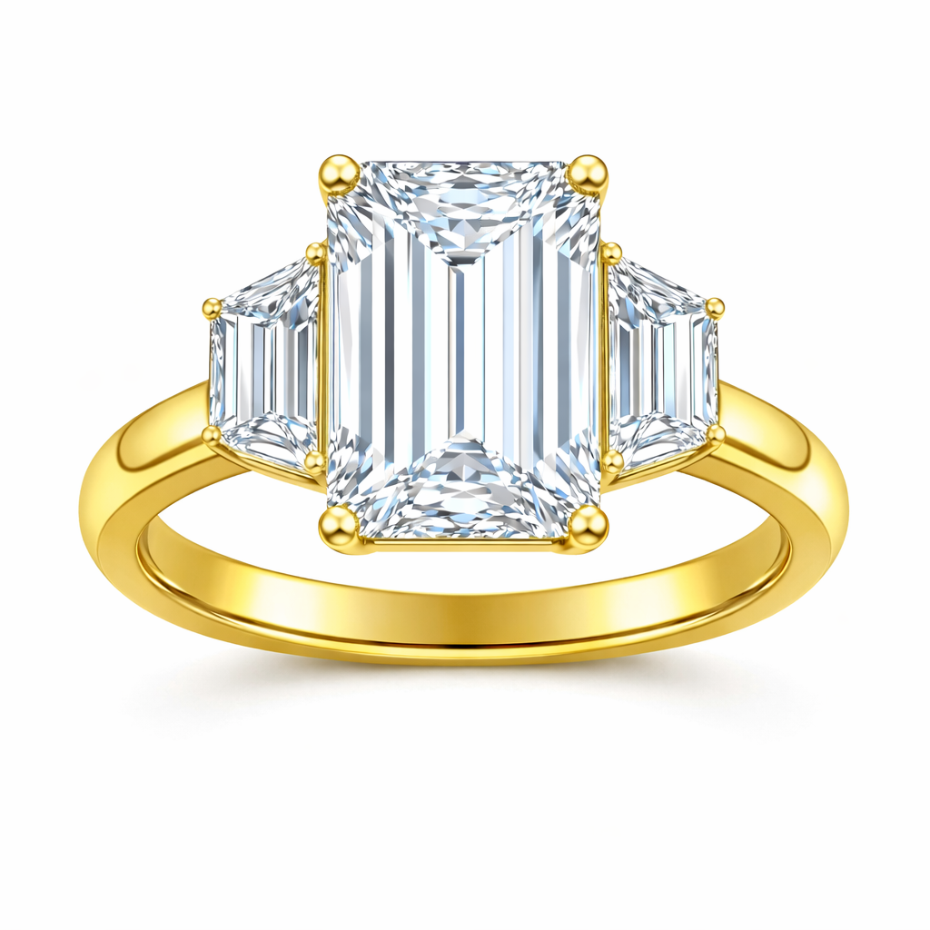 Emerald Diamond Engagement Ring with Trapezoid Side Stones