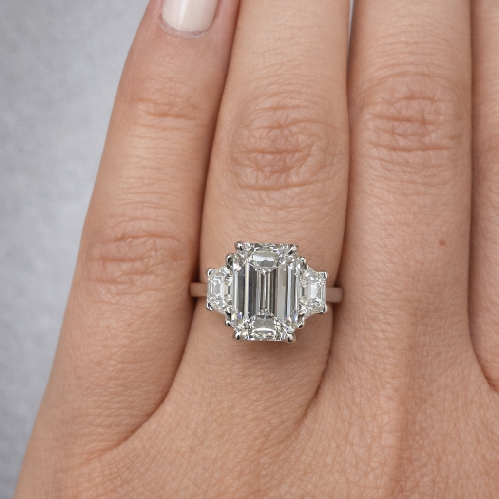 Emerald Diamond Engagement Ring with Trapezoid Side Stones