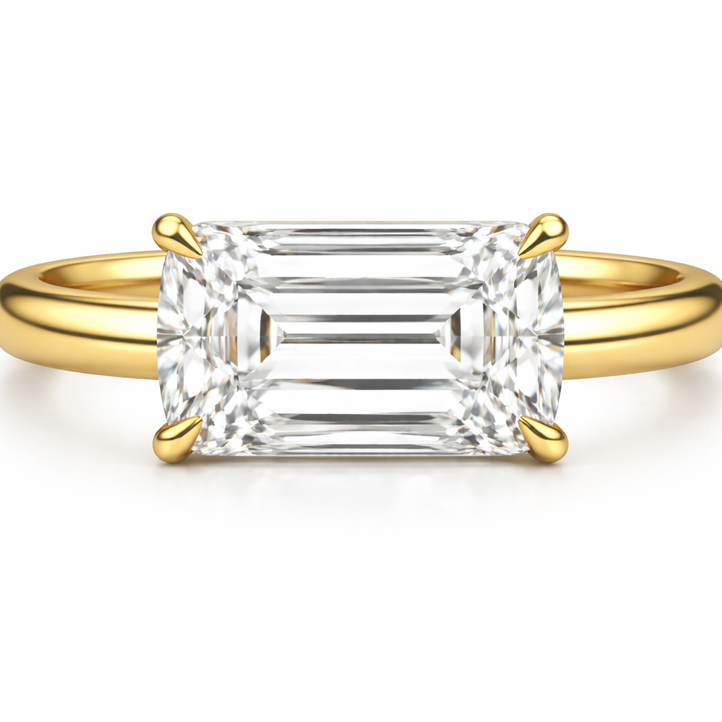 East West Emerald Diamond Solitaire Engagement Ring
