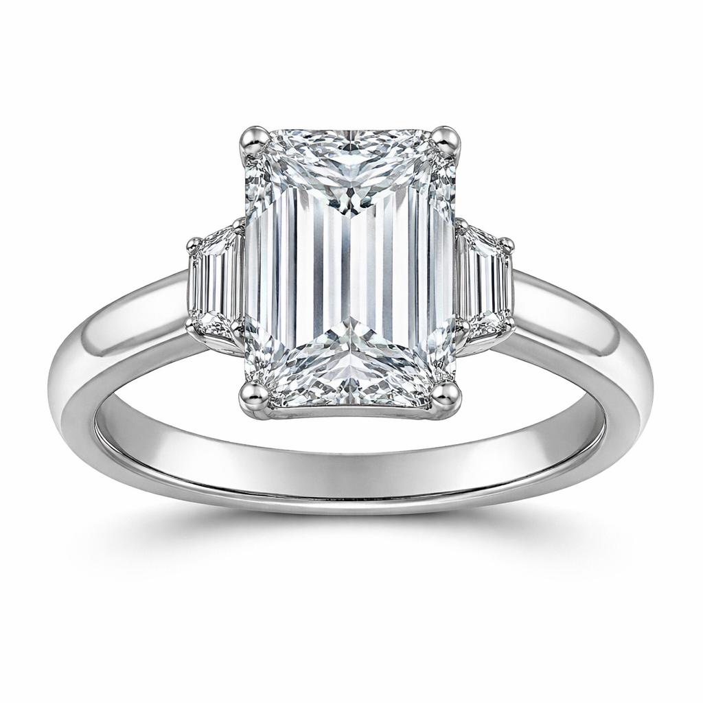 Emerald Diamond Engagement Ring with Small Trapezoid Side Stones