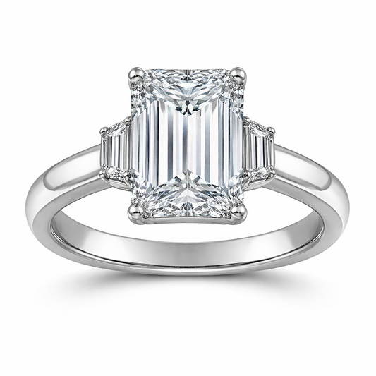 Emerald Diamond Engagement Ring with Small Trapezoid Side Stones