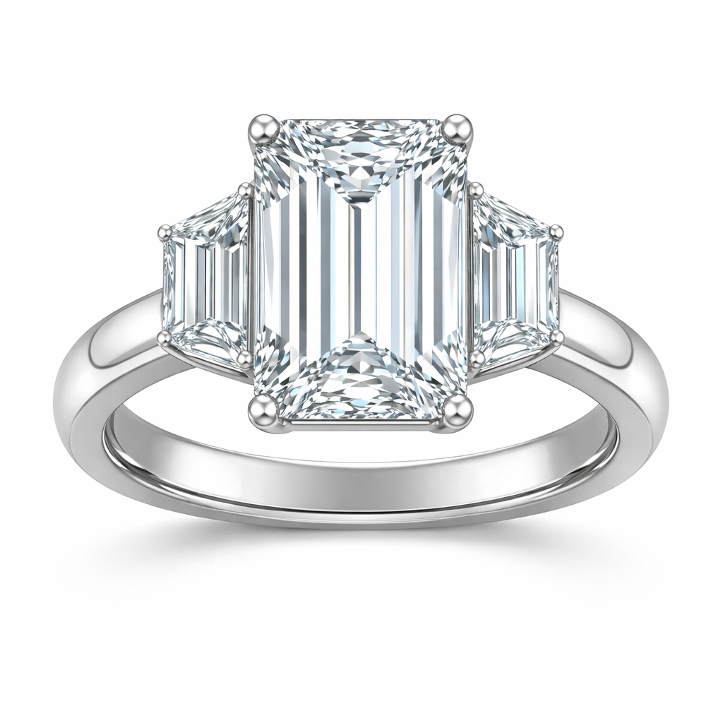 Emerald Diamond Engagement Ring with Trapezoid Side Stones