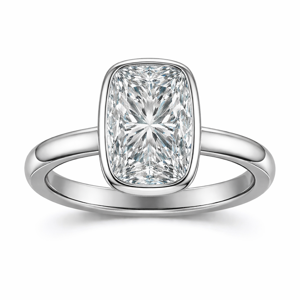 Elongated Cushion Diamond Bezel Set Solitaire Engagement Ring