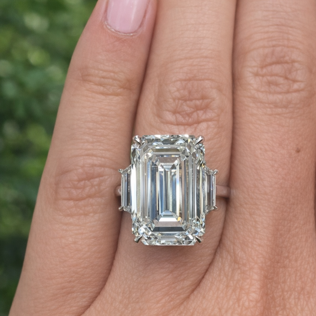 Emerald Diamond Engagement Ring with Small Trapezoid Side Stones