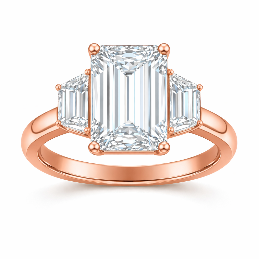 Emerald Diamond Engagement Ring with Trapezoid Side Stones