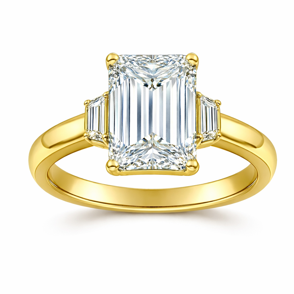 Emerald Diamond Engagement Ring with Small Trapezoid Side Stones