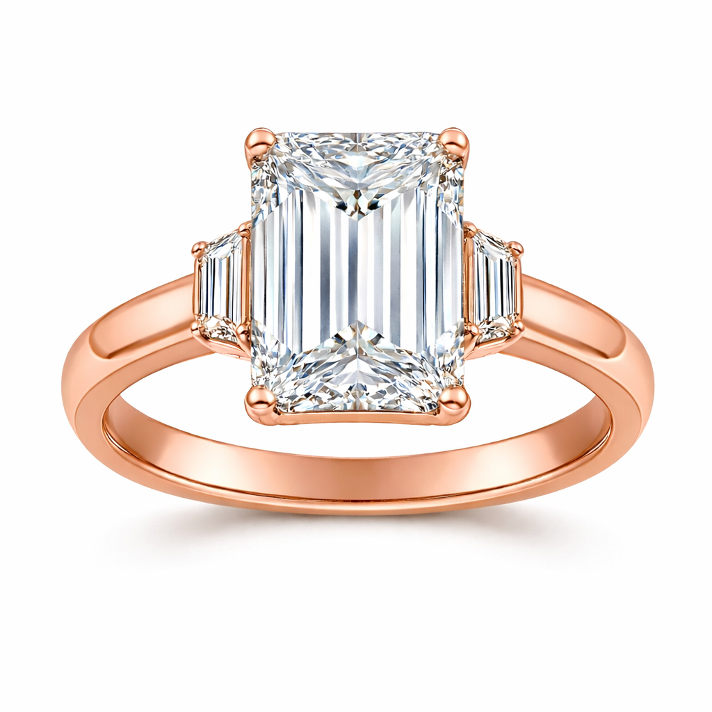Emerald Diamond Engagement Ring with Small Trapezoid Side Stones