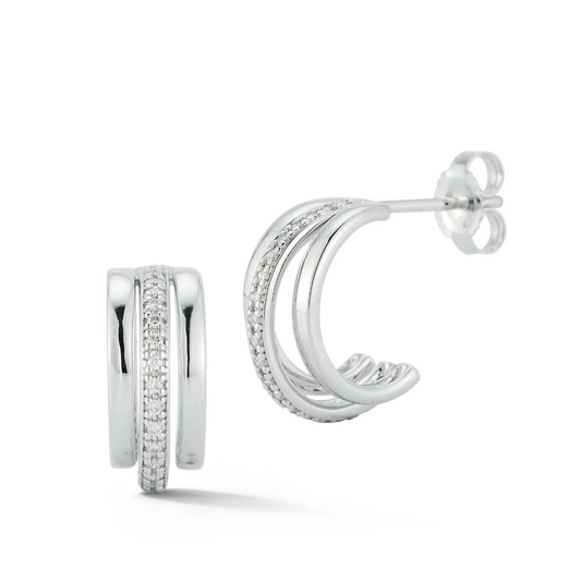 Three Line Diamond Hoop Stud Earrings
