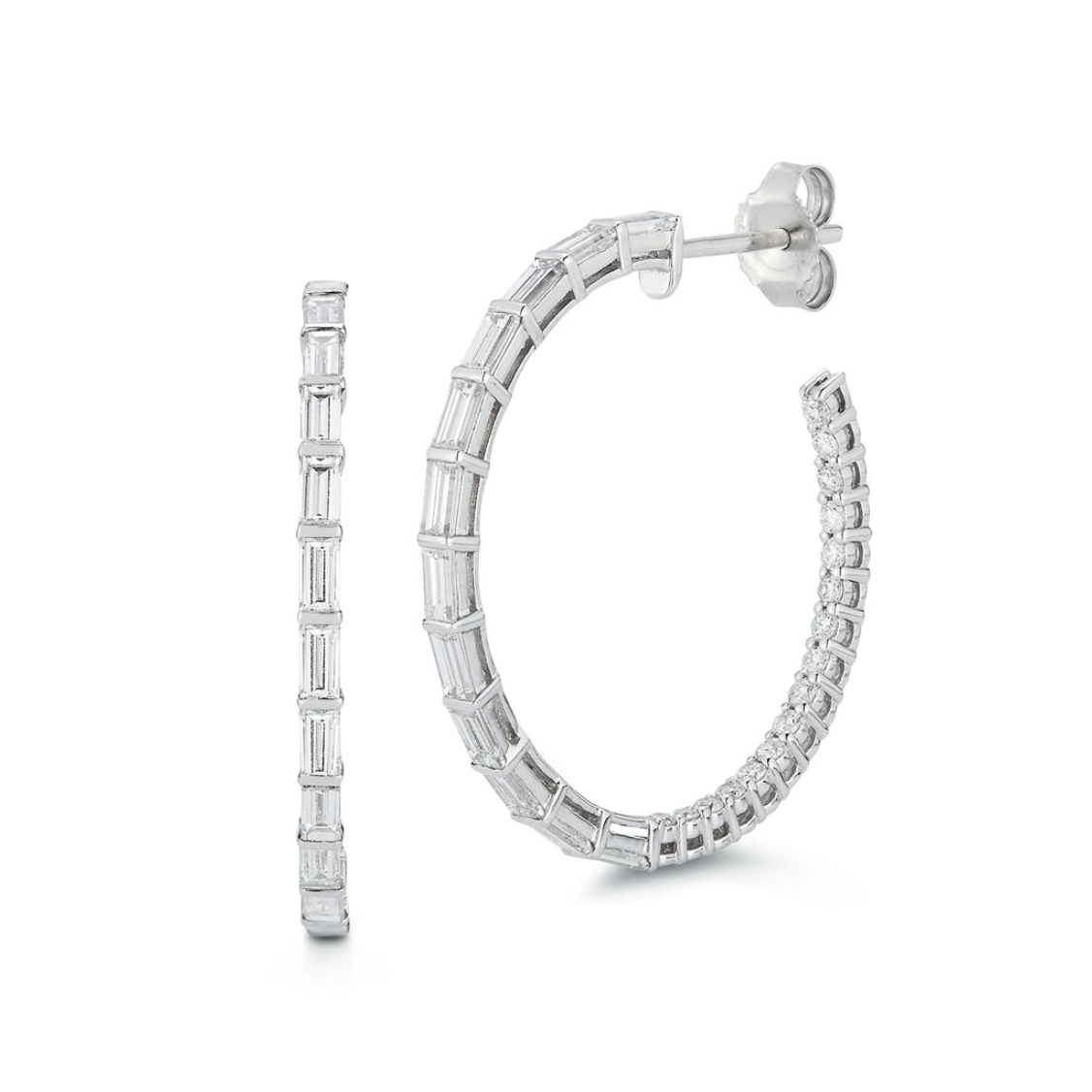 Baguette and Round Diamond Hoop Earrings